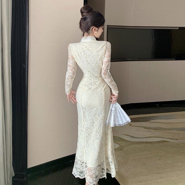 画像6: オシャレなチャイナネク風デザイン　エレガントな総レースデザイン　ロングドレス【MARVELOUS　QUEEN】 (6)