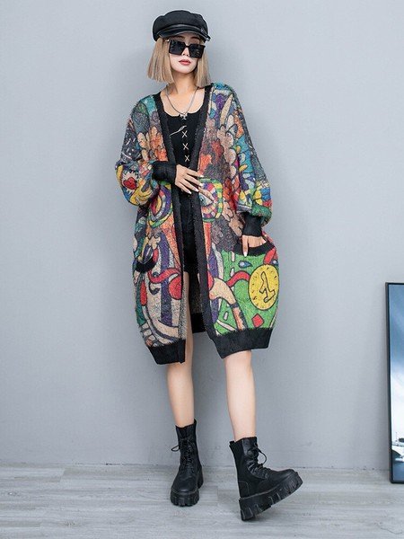 画像2: 個性派必見！カジュアル ストリート系　派手柄デザイン　ニット生地アウター　ジャケット　コート【MARVELOUS　QUEEN】(納期2週間前後） (2)