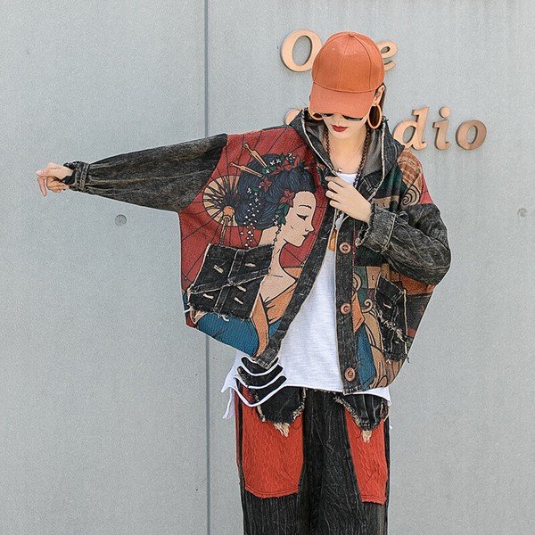 画像6: 個性派必見！カジュアル ストリート系　デニム生地切替デザイン　アウター　ジャケット　コート（納期2週間前後）【MARVELOUS　QUEEN】 (6)