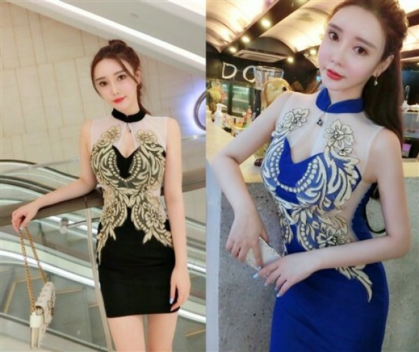 画像4: キャバドレス　　エレガントで豪華なフロント金糸レース装飾デザイン ストレッチタイトミニドレス【MARVELOUS　QUEEN】 (4)