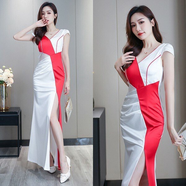 画像6: 大きなサイズ（XXLサイズ）エレガントなバイカラー配色デザイン光沢生地セクシースリットロングドレス【MARVELOUS　QUEEN】 (6)