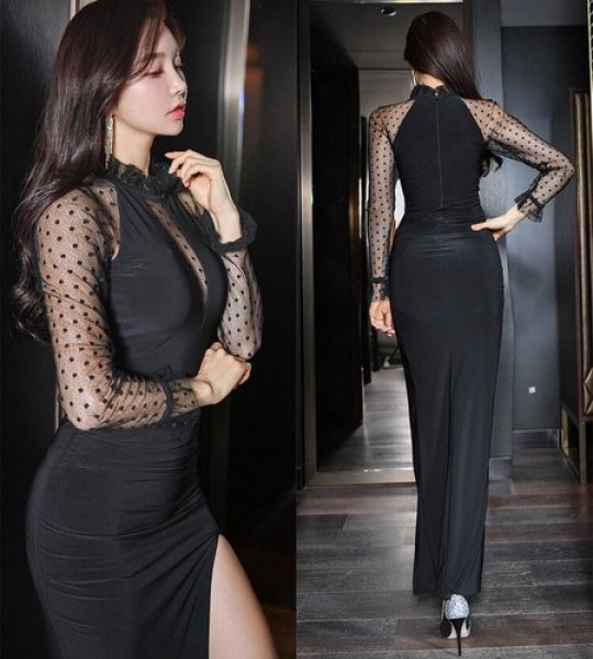 画像4: ロングドレス キャバドレス エレガントで上品なドット柄長袖レース切替デザイン　ストレッチロングドレスパーティードレス　フォーマルドレス【MARVELOUS　QUEEN】 (4)