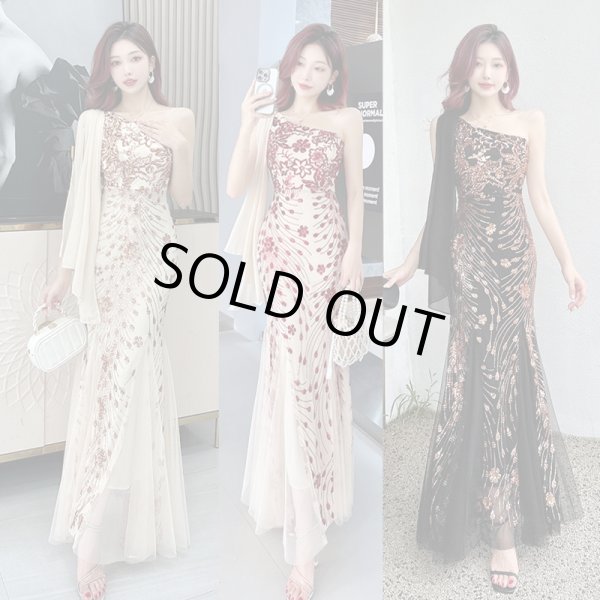 画像1: セクシーなワンショルダーデザイン　スパンコール装飾デザイン　ロングドレス　キャバドレス (1)