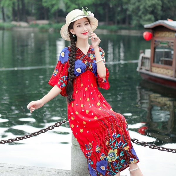 画像2: 派手柄デザインリゾート風ワンピース (2)