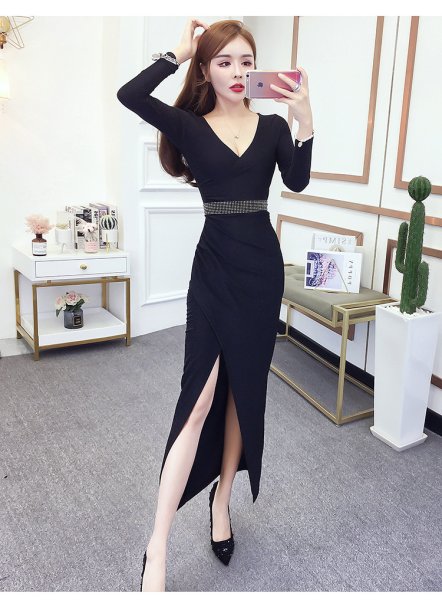 画像5: エレガントなラメ装飾デザイン　ストーン装飾帯付きデザイン　ロングドレス　キャバドレス (5)