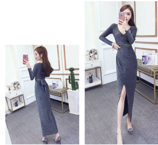 画像9: エレガントなラメ装飾デザイン　ストーン装飾帯付きデザイン　ロングドレス　キャバドレス (9)