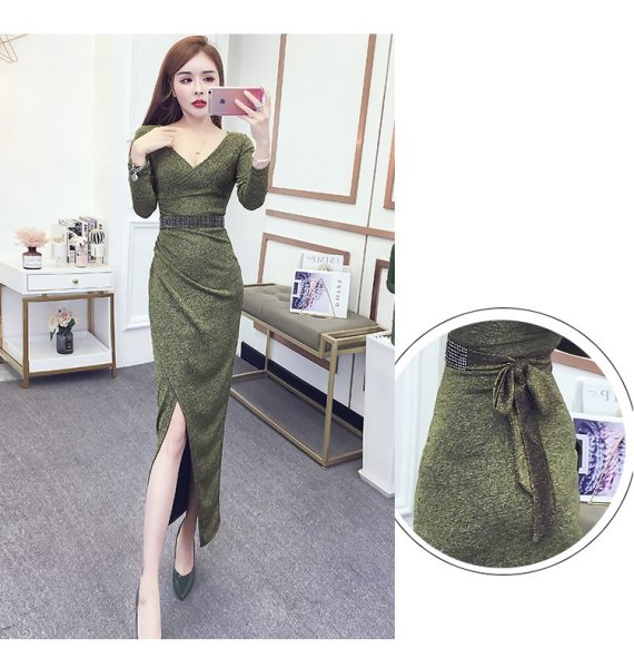 画像2: エレガントなラメ装飾デザイン　ストーン装飾帯付きデザイン　ロングドレス　キャバドレス (2)