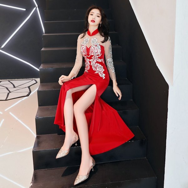 画像8: エレガントな胸元刺繍レースデザイン　ロングドレス　キャバドレス (8)