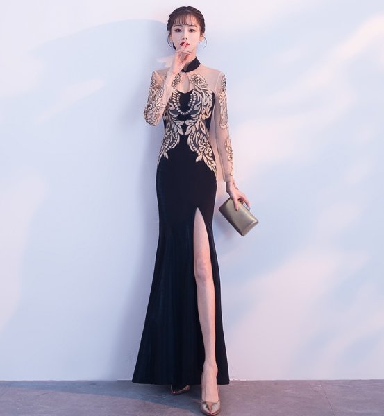 画像5: エレガントな胸元刺繍レースデザイン　ロングドレス　キャバドレス (5)