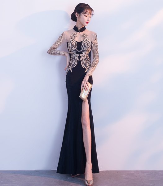 画像3: エレガントな胸元刺繍レースデザイン　ロングドレス　キャバドレス (3)