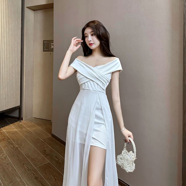 画像7: エレガントなシフォンレース重ねミニＩＮデザイン　ロングドレス　キャバドレス　　ミニドレス (7)