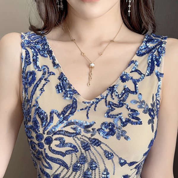 画像8: エレガントなスパンコール装飾メッシュデザイン　ロングドレス　キャバドレス (8)