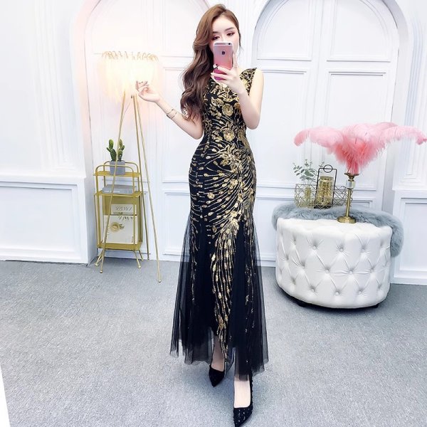 画像12: エレガントなスパンコール装飾メッシュデザイン　ロングドレス　キャバドレス (12)