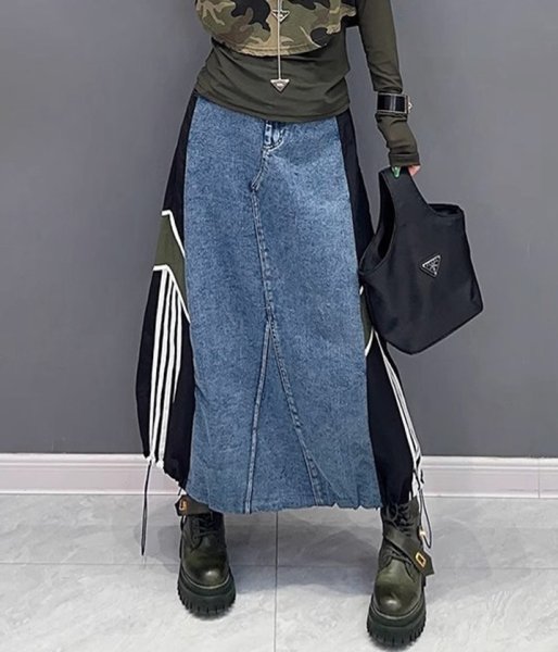 画像3: 目立ち度MAX！オシャレなデニム生地切替デザイン　ロングスカート【MARVELOUS　QUEEN】 (3)