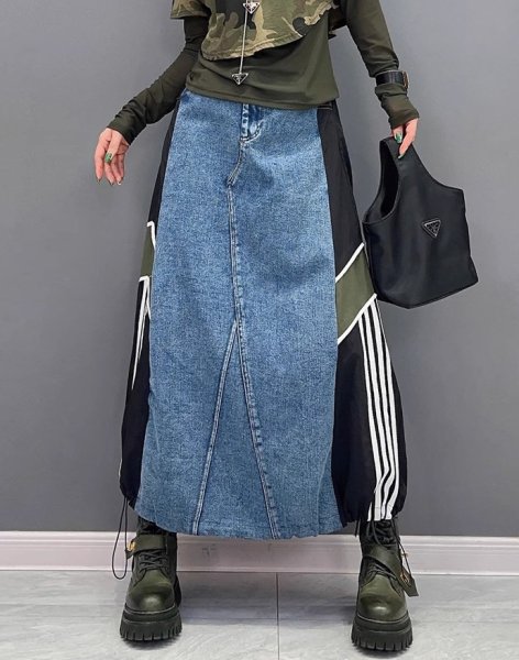 画像5: 目立ち度MAX！オシャレなデニム生地切替デザイン　ロングスカート【MARVELOUS　QUEEN】 (5)