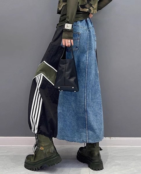 画像2: 目立ち度MAX！オシャレなデニム生地切替デザイン　ロングスカート【MARVELOUS　QUEEN】 (2)