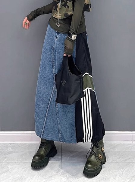 画像6: 目立ち度MAX！オシャレなデニム生地切替デザイン　ロングスカート【MARVELOUS　QUEEN】 (6)