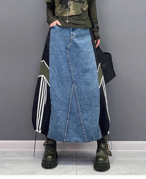 画像4: 目立ち度MAX！オシャレなデニム生地切替デザイン　ロングスカート【MARVELOUS　QUEEN】 (4)