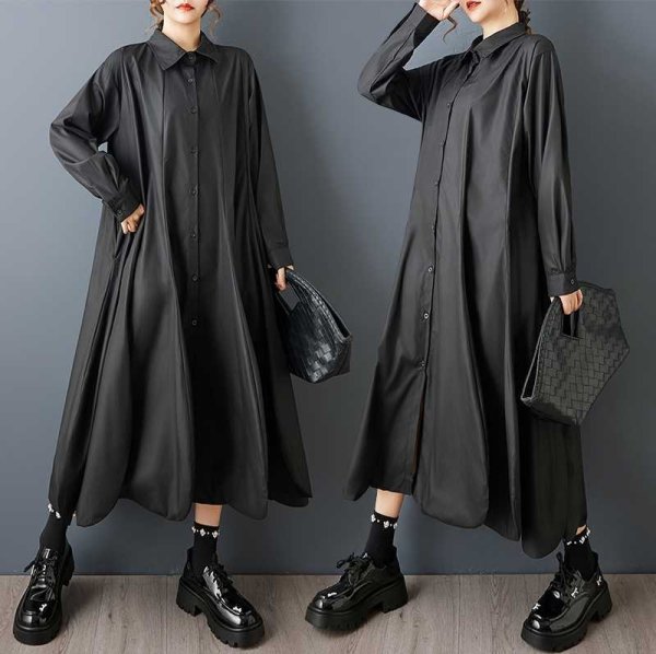 画像1: 個性派スタイル 　オシャレな脚部メッシュレースデザイン　チュニックシャツ長袖ワンピース【MARVELOUS　QUEEN】 (1)