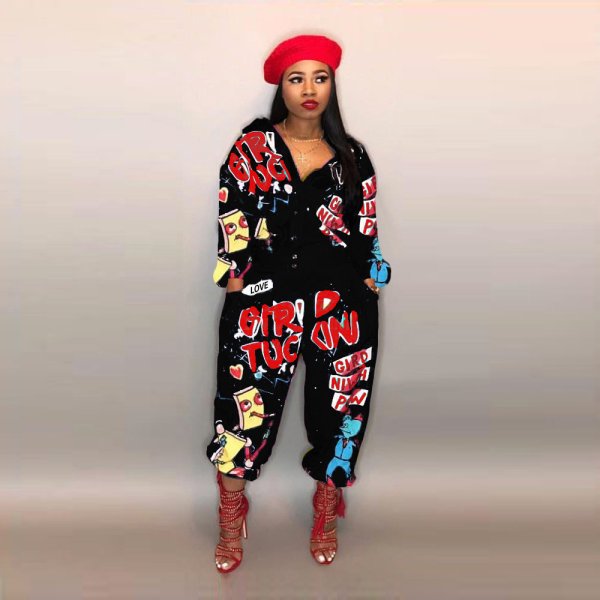 画像1: 個性派スタイル 　派手柄プリントデザイン　オールインワン　ストレッチ素材【MARVELOUS　QUEEN】 (1)