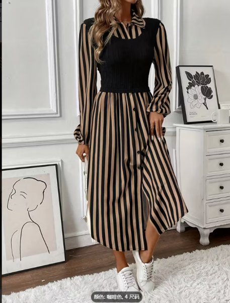 画像5: 個性派スタイル 　オシャレなストライプ柄デザイン　シャツワンピース【MARVELOUS　QUEEN】 (5)