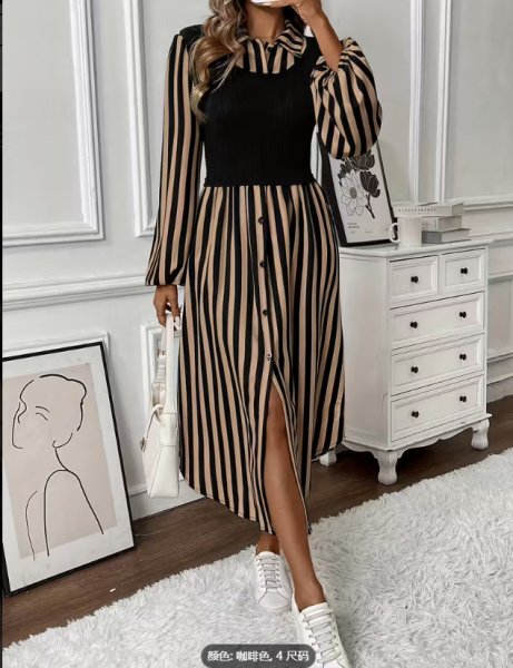 画像7: 個性派スタイル 　オシャレなストライプ柄デザイン　シャツワンピース【MARVELOUS　QUEEN】 (7)