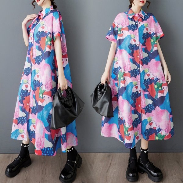 画像1: 個性派スタイル 　オシャレな派手柄　シャツワンピース【MARVELOUS　QUEEN】 (1)